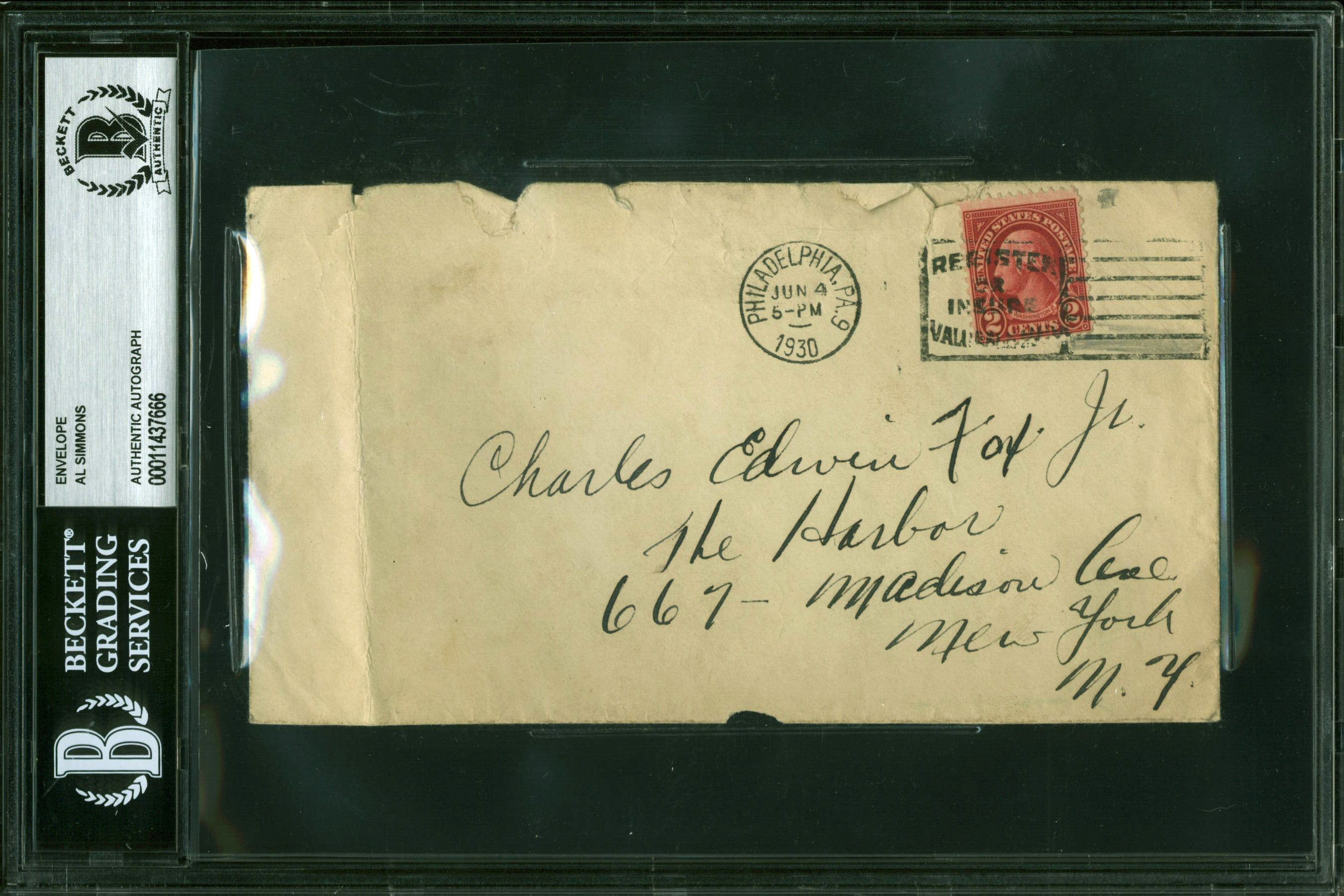 Al Simmons 3.5x6.5 Hand Written Envelope Postmarked June 4 1930 BAS Slabbed