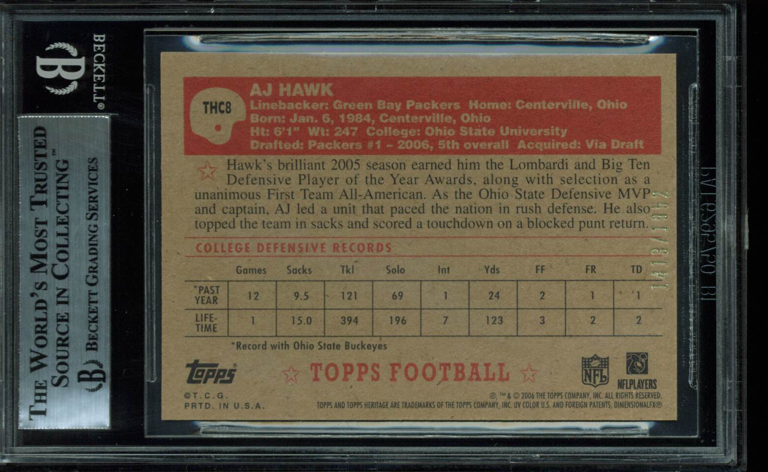 Packers A.J. Hawk Signed Card 2006 Topps Heritage Chrome RC #THC8 BAS Slabbed
