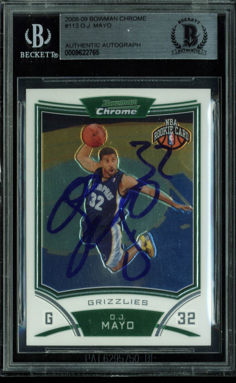 Grizzlies O.J. Mayo Authentic Signed Card 2008 Bowman Chrome RC #113 BAS Slabbed