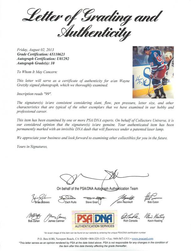 Rangers Wayne Gretzky Signed 8X10 Photo Auto Graded Perfect 10! PSA/DNA #U01292