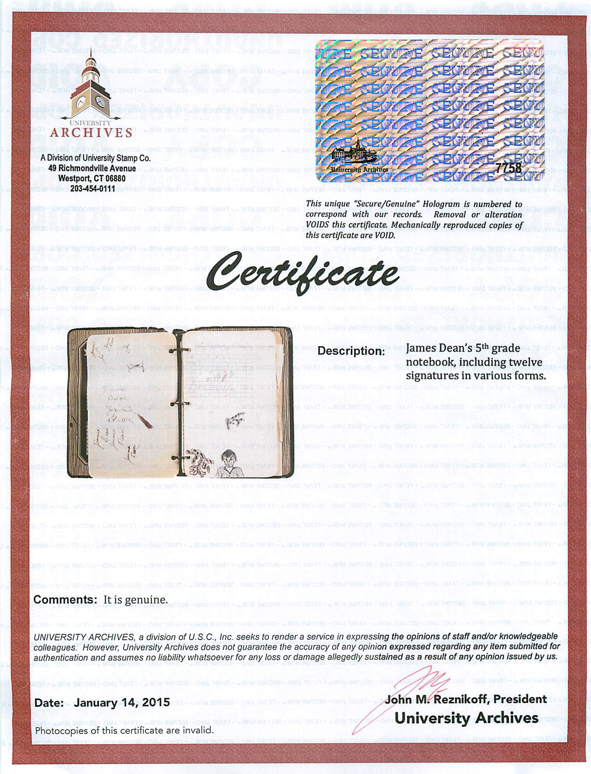 James Dean 1x1.5 Handwriting Sample from 5th Grade Notebook JSA Slabbed #8947590