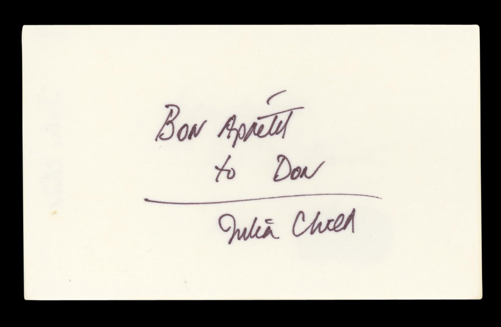 Julia Child Television Host "Bon Apetit" Signed 3x5 Index Card BAS #AD70366