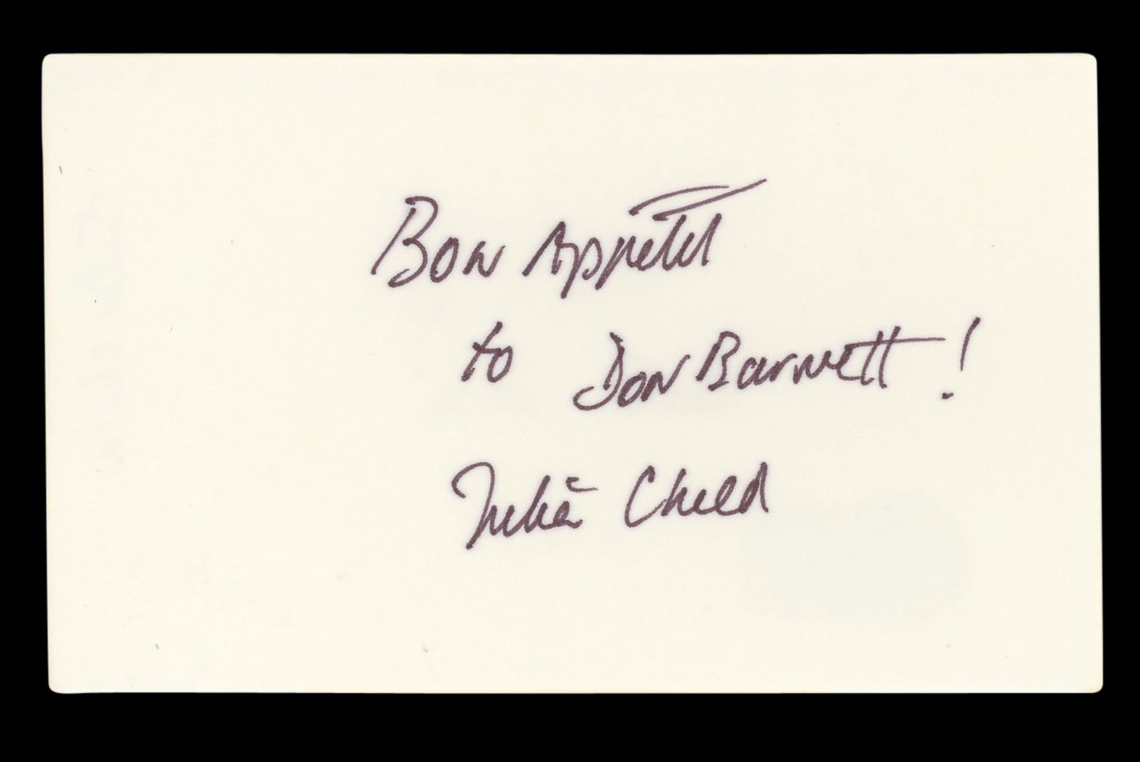 Julia Child Television Host "Bon Apetit" Signed 3x5 Index Card BAS #AD70367