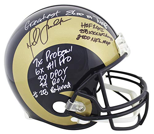 Rams Marshall Faulk "Career Stat" Signed Gold Horn Proline Full Size Helmet BAS