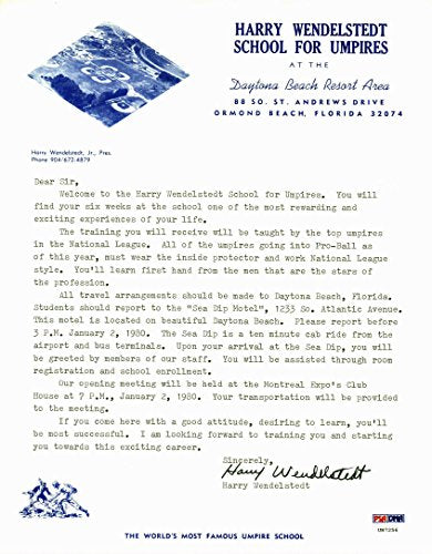 Harry Wendelstedt Signed 8.5x11 Letter On School Letterhead PSA/DNA #U87256