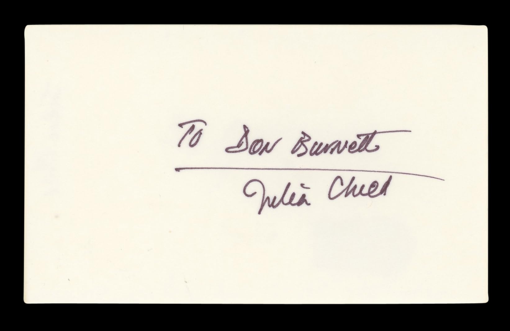 Julia Child Television Host "To Don Burnett" Signed 3x5 Index Card BAS #AD70365