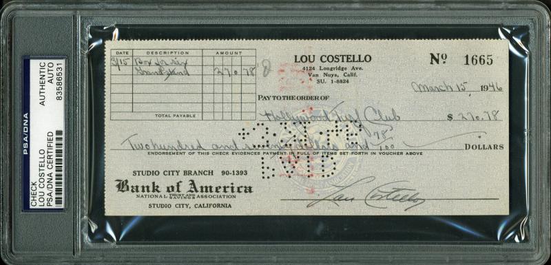 Lou Costello Signed 3X7 1946 Check To The Hollywood Turf Club PSA/DNA Slabbed