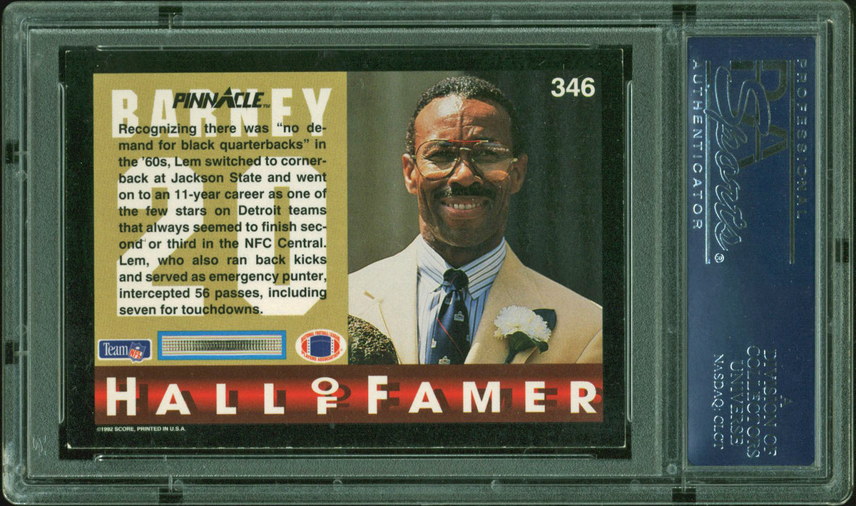 Lions Lem Barney "HOF 92" Signed 1992 Pinnacle #346 Auto Card PSA/DNA Slabbed