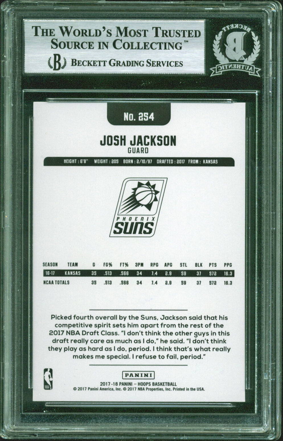 Grizzlies Josh Jackson Authentic Signed 2017 Hoops #254 Rookie Card BAS Slabbed