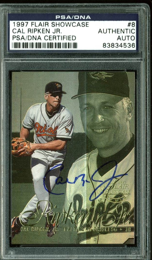 Orioles Cal Ripken Jr. Authentic Signed Card 1997 Flair Showcase #8 PSA Slabbed