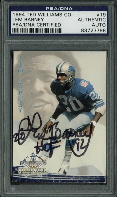 Lions Lem Barney 'HOF' Signed Card 1994 Ted Williams Co. #19 PSA/DNA Slabbed