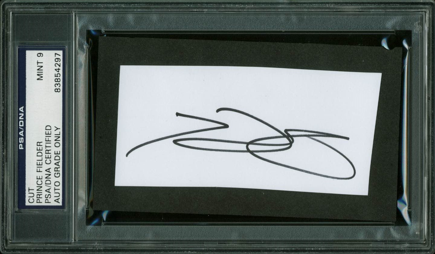 Rangers Prince Fielder Signed 2x4.25 Cuto Auto Graded Mint 9! PSA/DNA Slabbed
