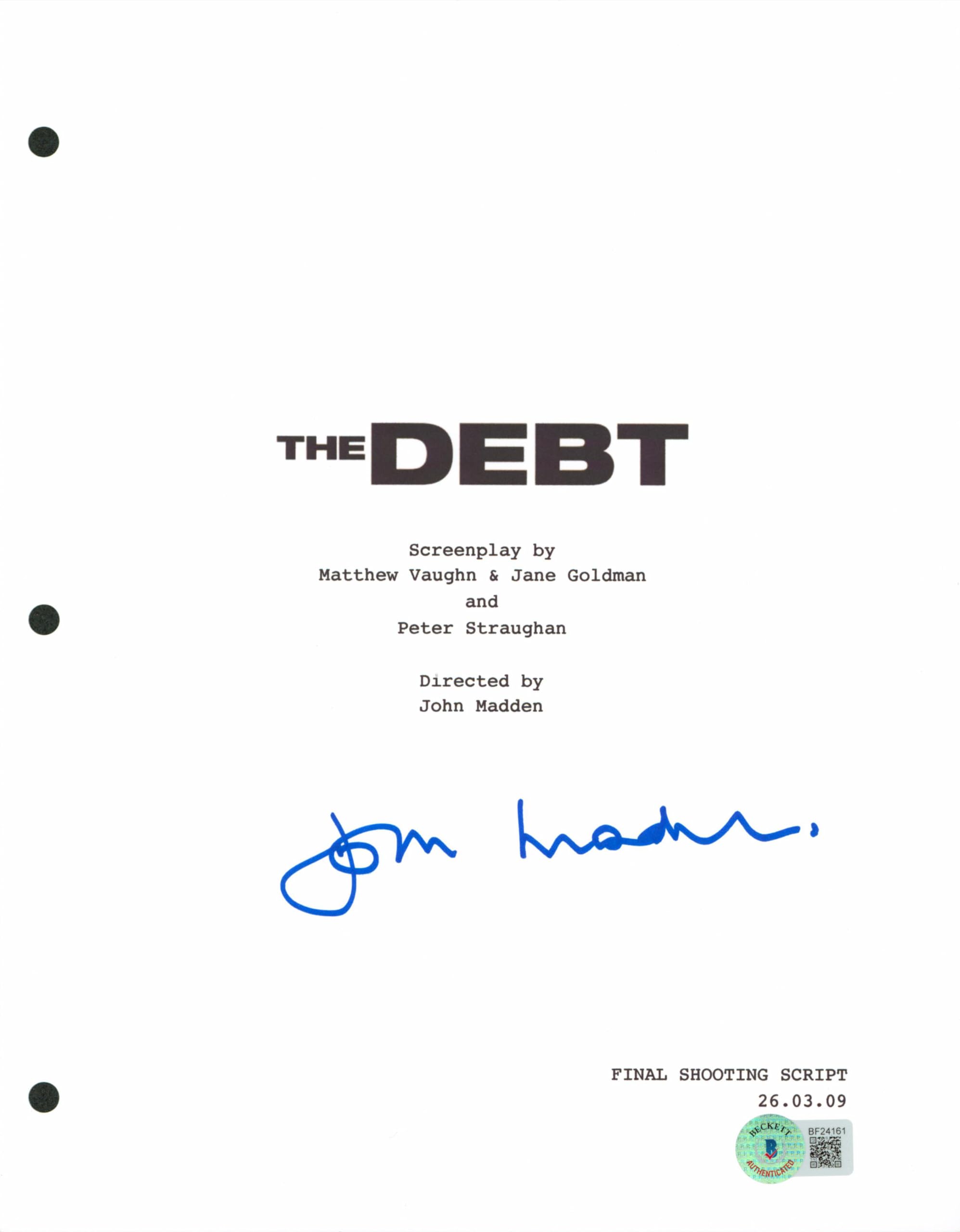 John Madden The Debt Authentic Signed 8.5x11 The Debt Script Cover BAS #BF24161