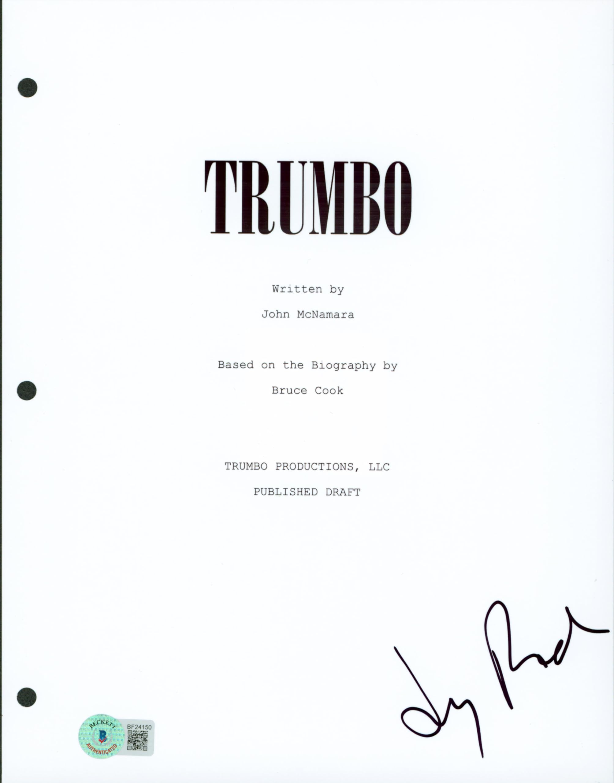 Jay Roach Trumbo Authentic Signed 8.5x11 Trumbo Script Cover BAS #BF24150