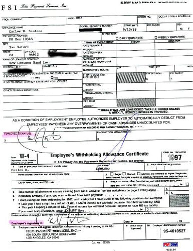 Carlos Santana Authentic Double Signed 1999 W-4 Employee Form PSA/DNA #T23156