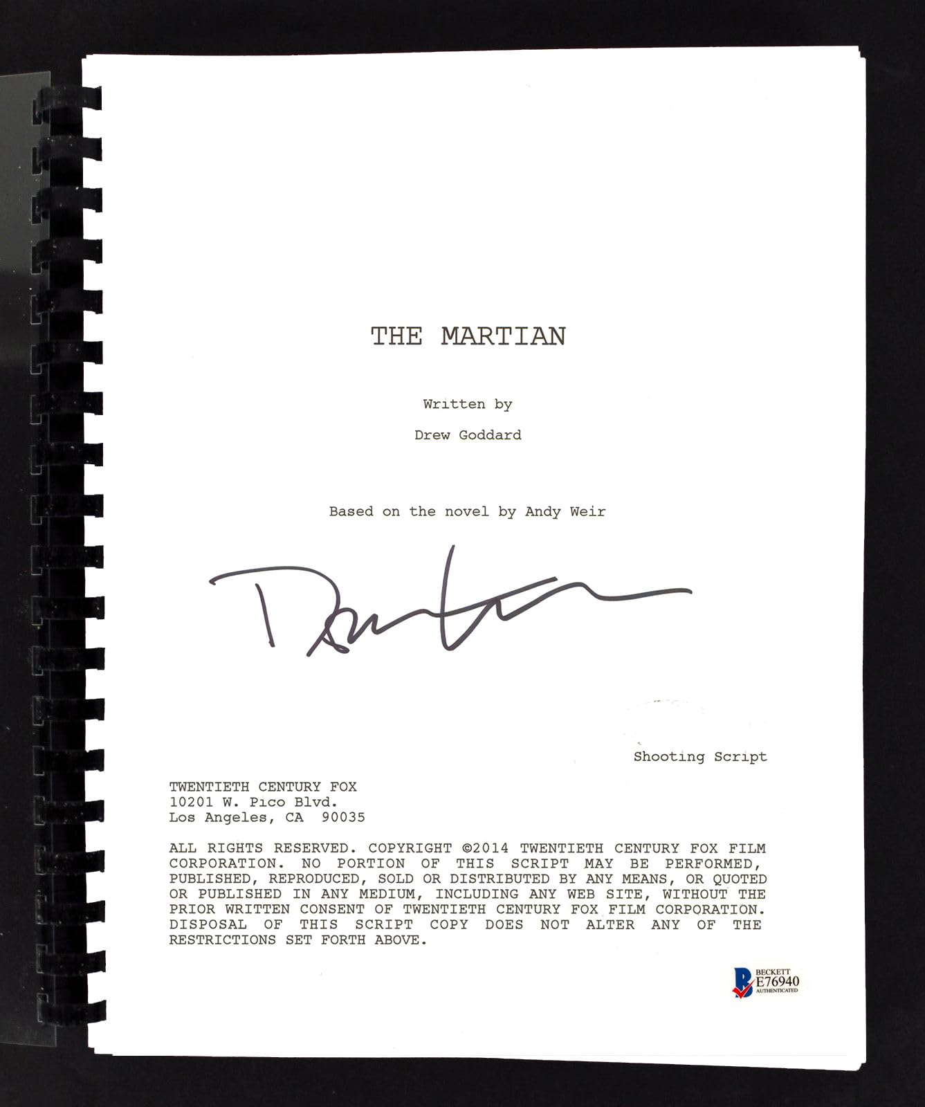 Drew Goddard The Martian Authentic Signed Movie Script Autographed BAS #E76940