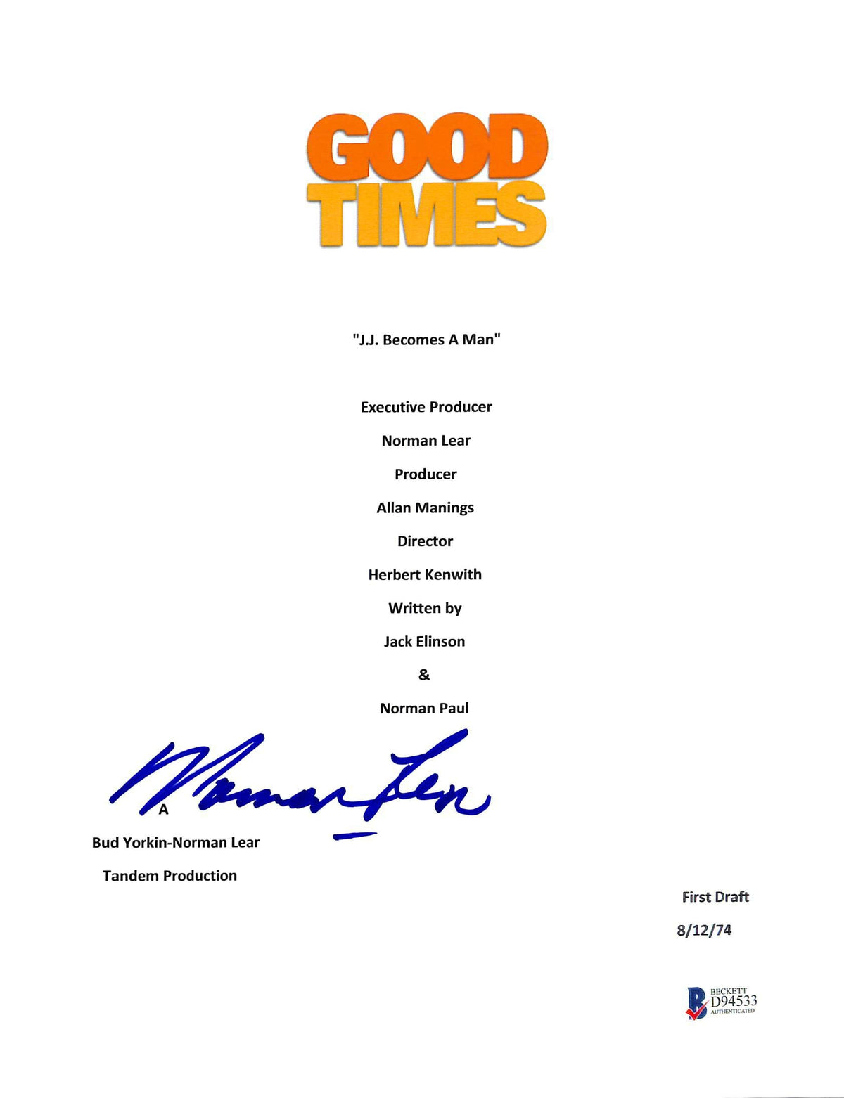 Norman Lear Authentic Signed Good Times TV Script Cover Autographed BAS #D94533