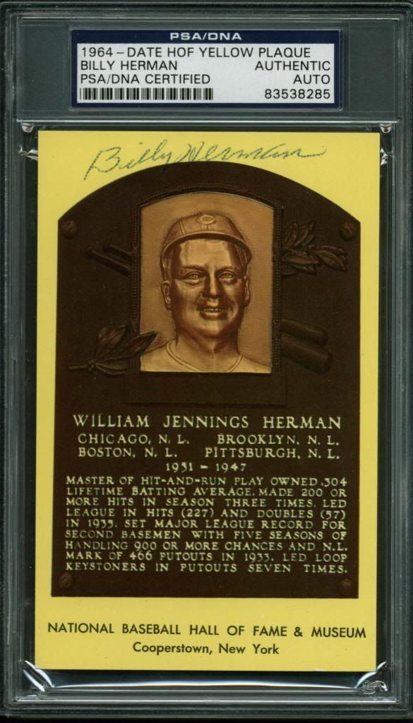 Cubs Billy Herman Authentic Signed HOF Plaque Postcard PSA/DNA Slabbed