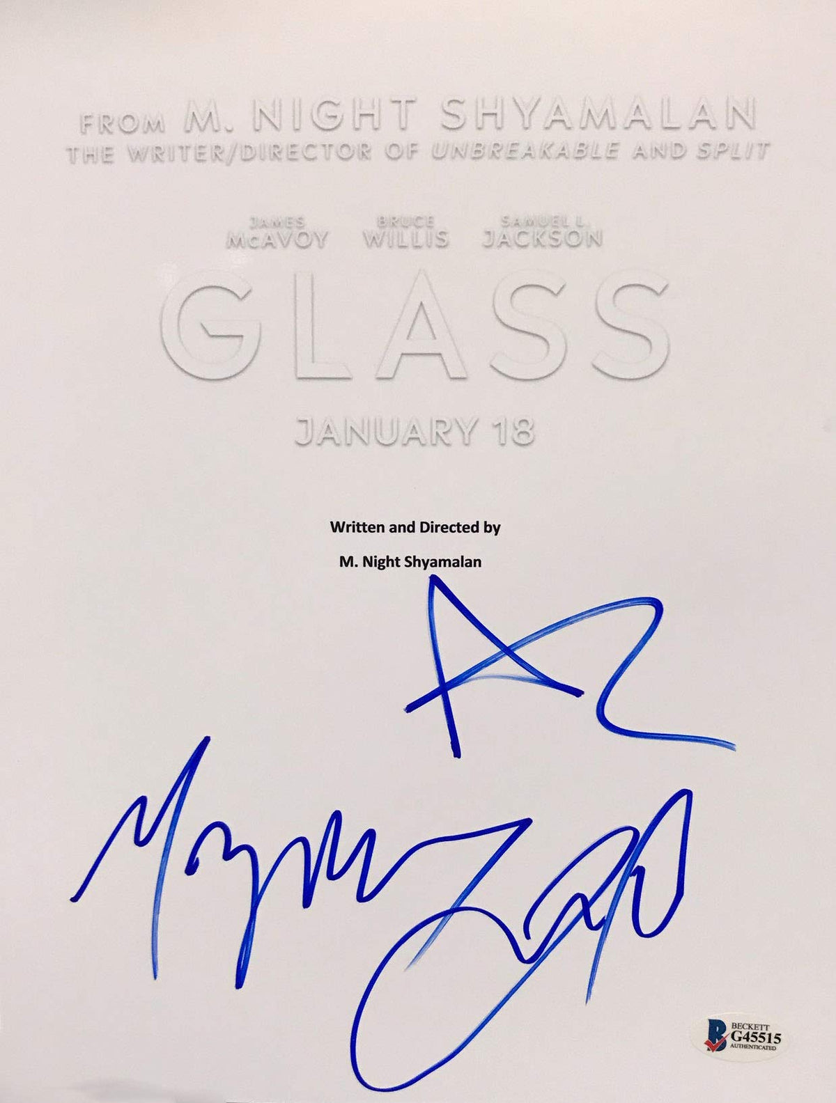 Glass (3) Shyamalan, McAvoy & Taylor Joy Signed Movie Script Cover BAS #G45515