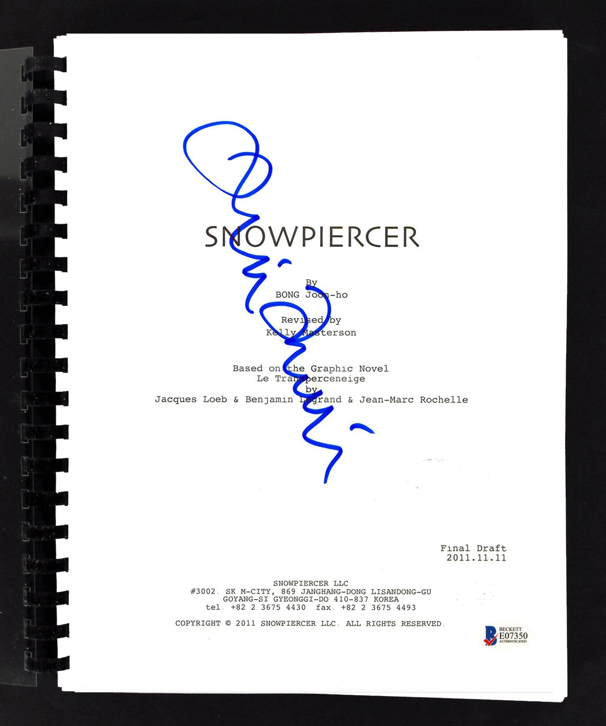 Tilda Swinton Snowpiercer Authentic Signed Movie Script Autographed BAS #E07350