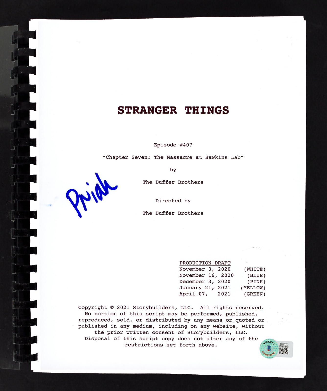 Priah Ferguson Stranger Things Authentic Signed Movie Script BAS #BK02222
