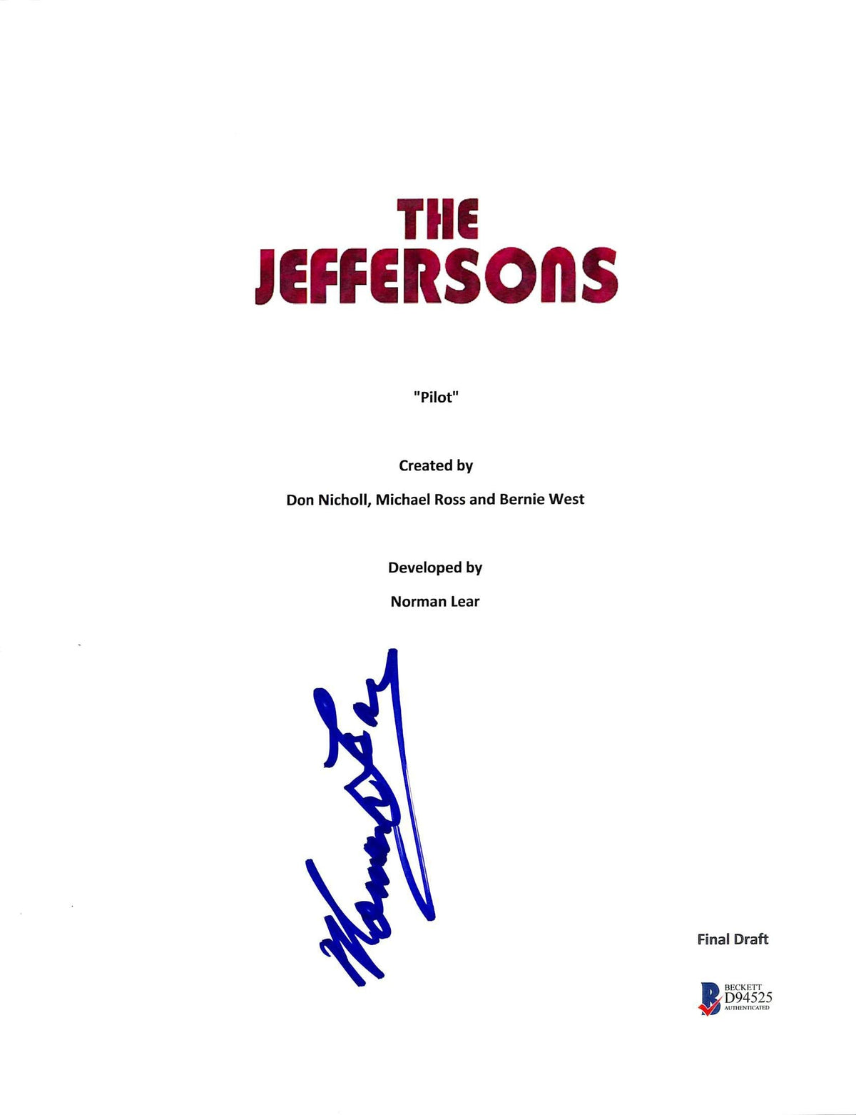 Norman Lear Authentic Signed The Jeffersons TV Pilot Script Cover BAS #D94525