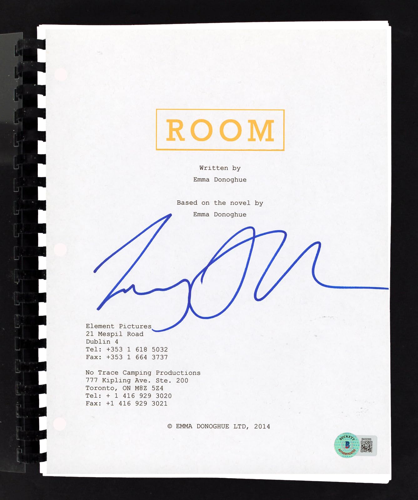 Lenny Abrahamson Room Authentic Signed Movie Script Autographed BAS #BK02200