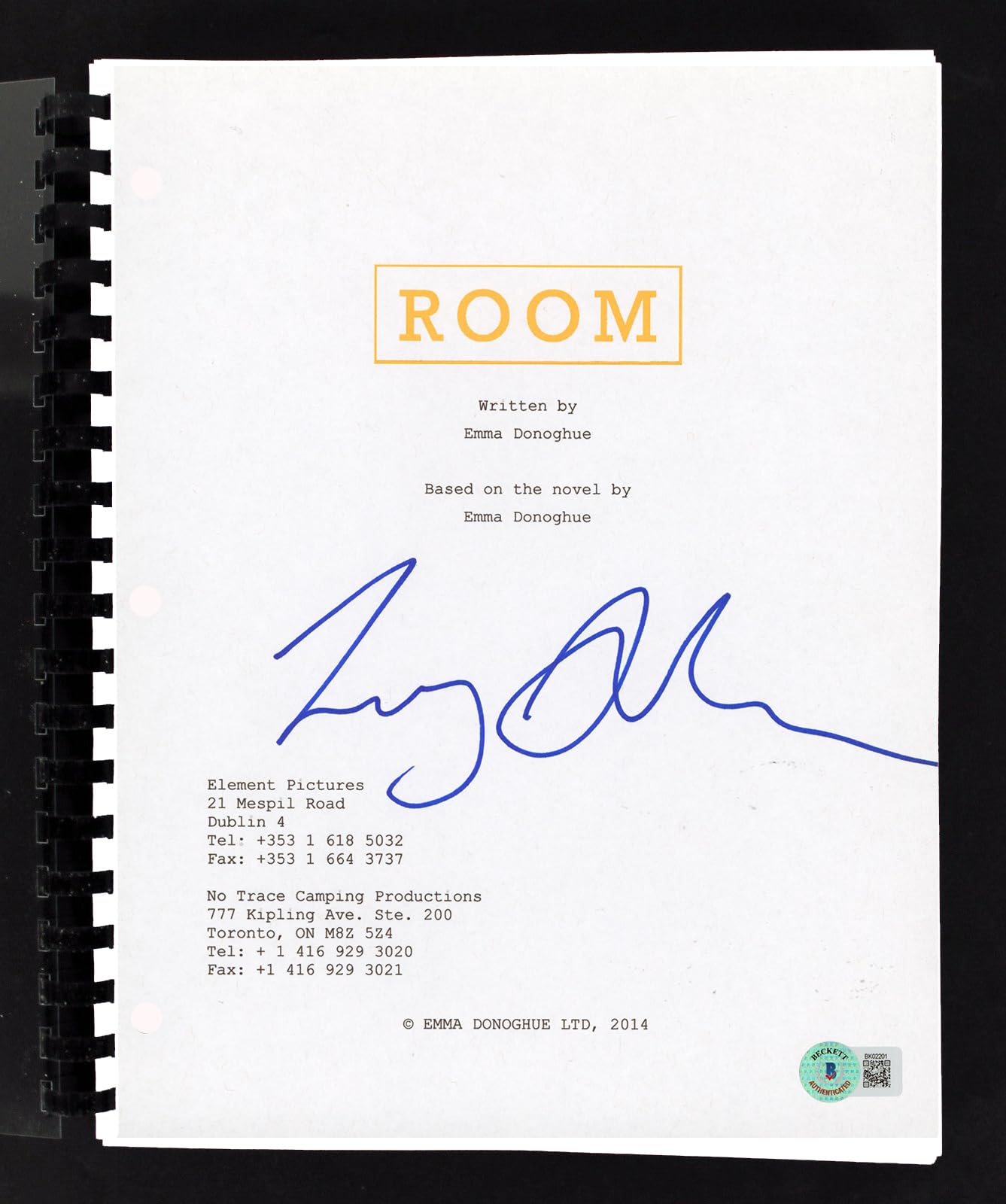 Lenny Abrahamson Room Authentic Signed Movie Script Autographed BAS #BK02201