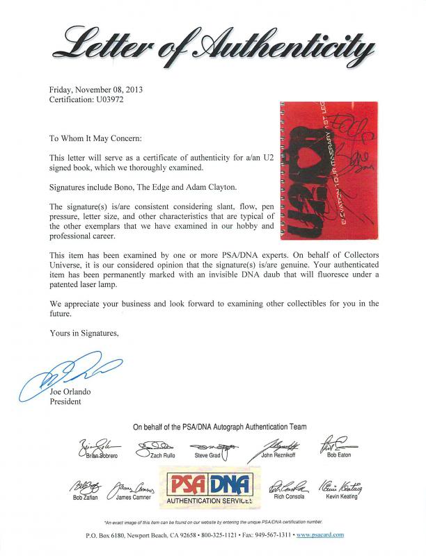 U2 Band (3) Bono, The Edge & Adam Clayton Signed Elevation Tour Book PSA #U03972