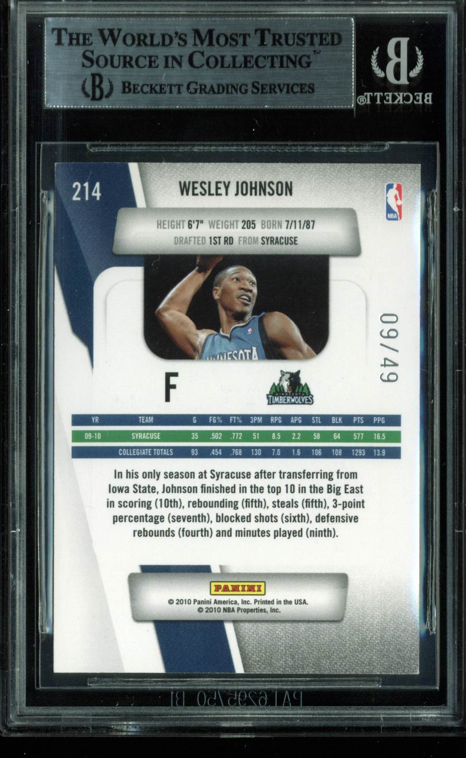 Wesley Johnson Signed Card 2010 Prestige Bonus Shots Purple RC #214 BAS Slabbed