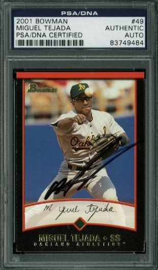 Athletics Miguel Tejada Authentic Signed Card 2001 Bowman #49 PSA/DNA Slabbed