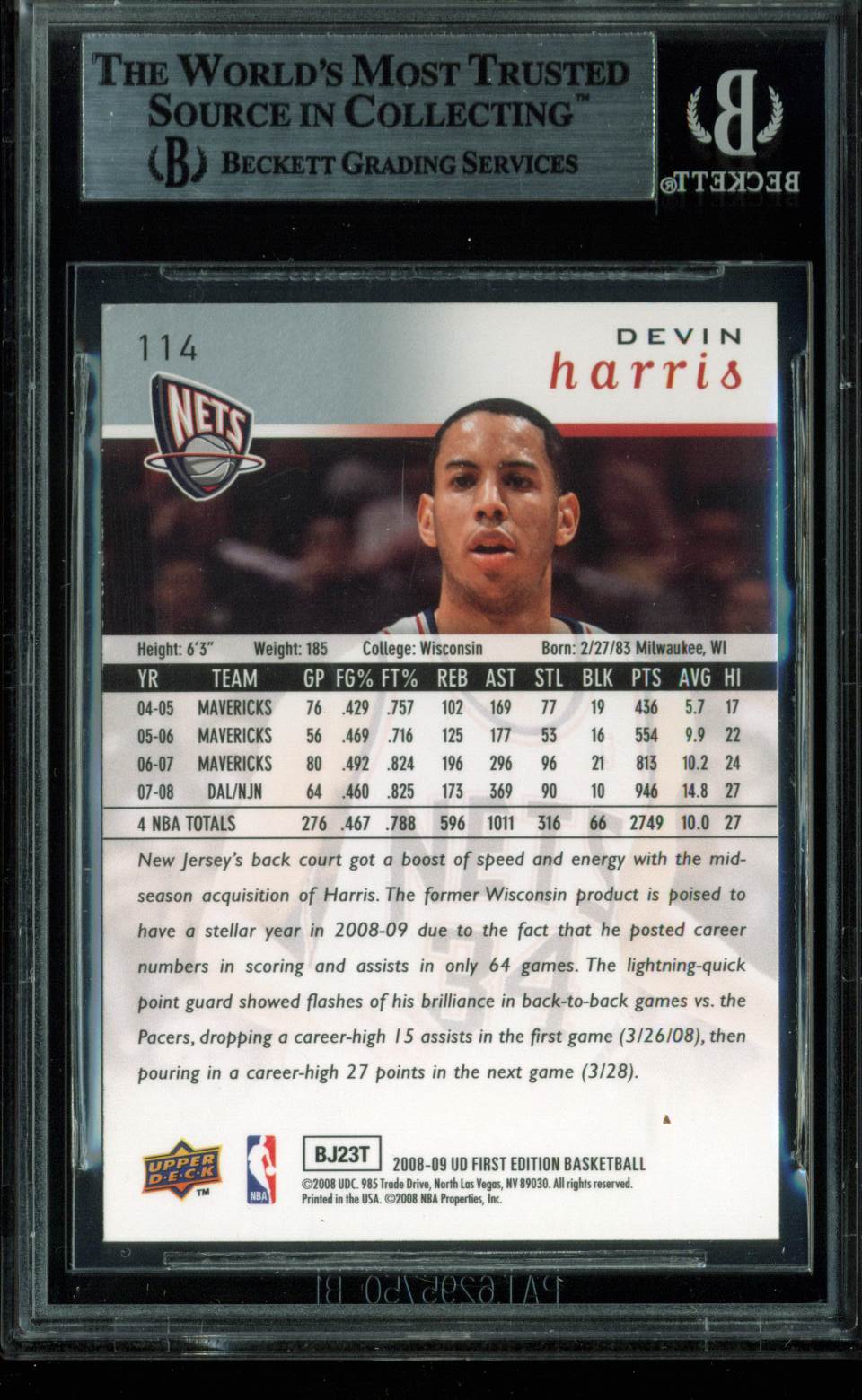 Nets Devin Harris Authentic Signed Card 2008 UD First Edition #114 BAS Slabbed