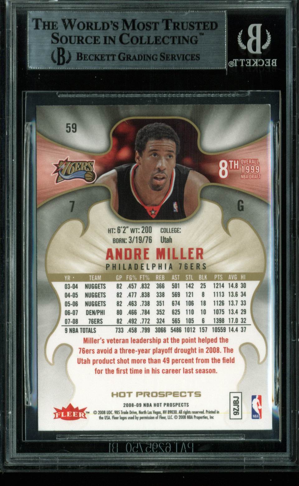 76ers Andre Miller Authentic Signed Card 2008 Hot Prospects #59 BAS Slabbed