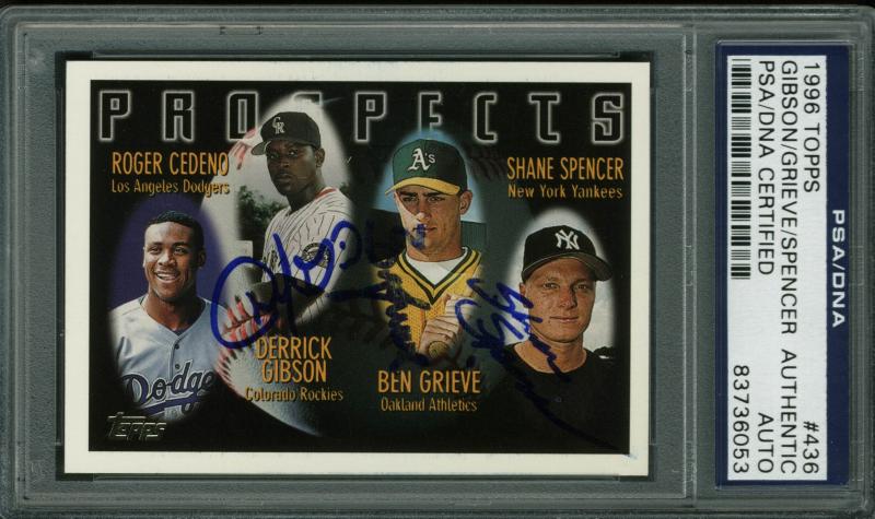 Shane Spencer, Ben Grieve & Gibson Signed Card 1996 Topps #436 PSA/DNA Slabbed