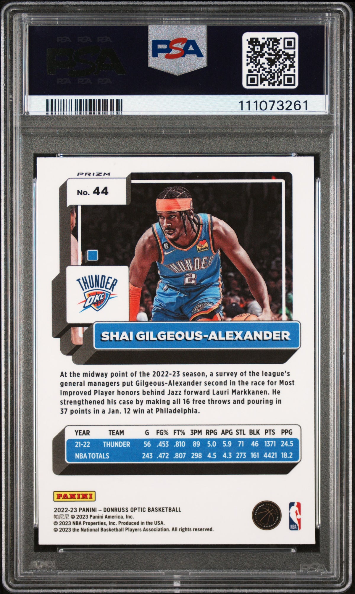 Shai Gilgeous-Alexander Signed 2022 Donruss Optic Silver Holo #44 Card PSA Slab