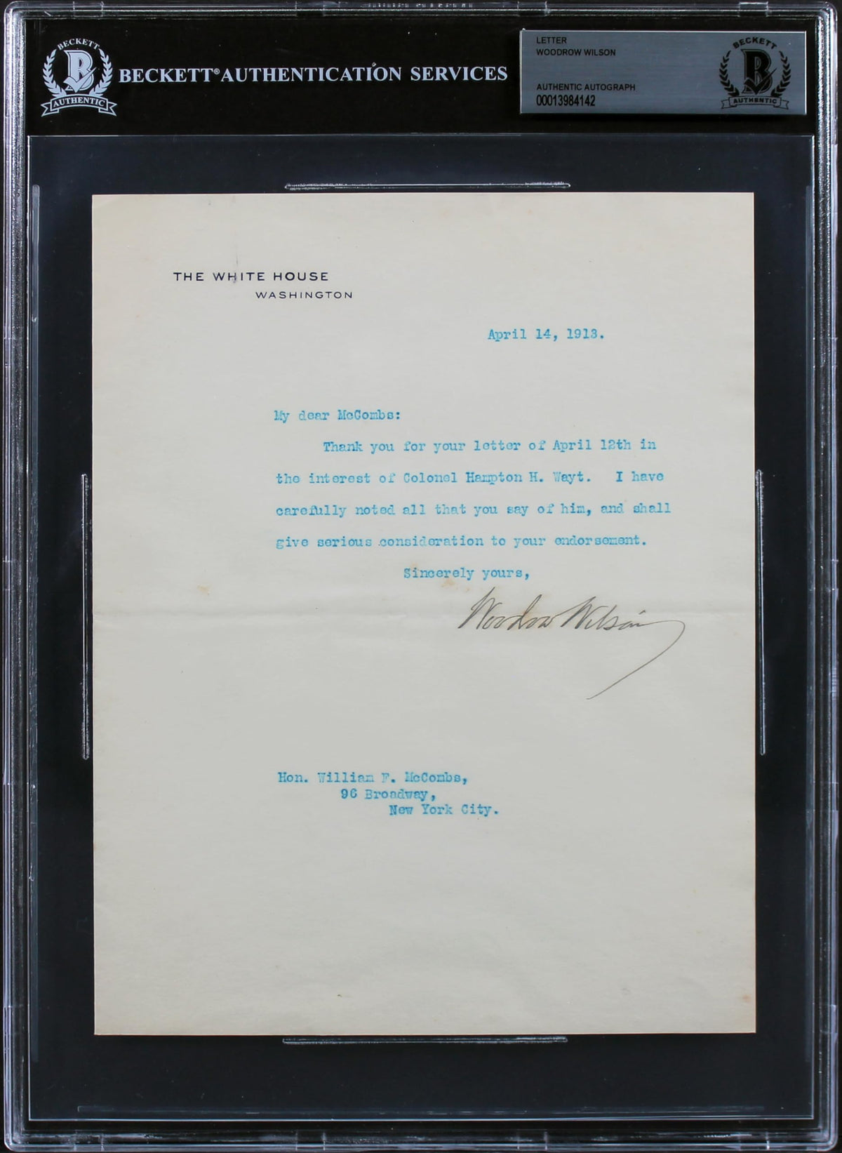 Woodrow Wilson Signed 7x8.75 1913 Letter On White House Letterhead BAS Slab