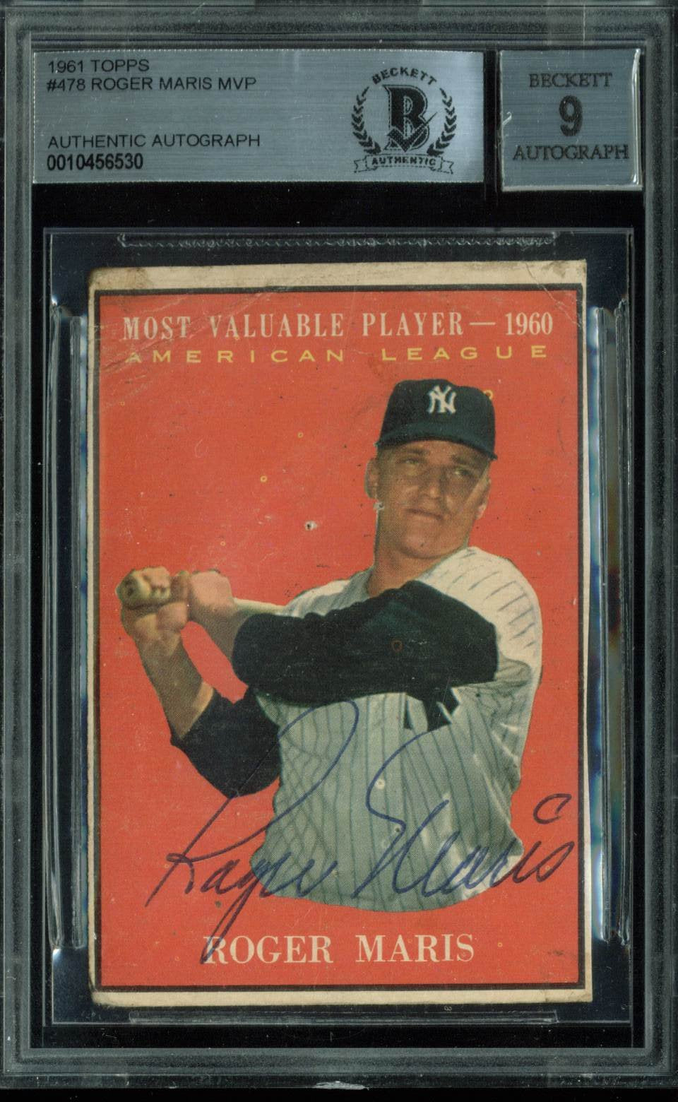 Yankees Roger Maris Signed 1961 Topps #478 Card Auto Graded Mint 9! BAS Slabbed