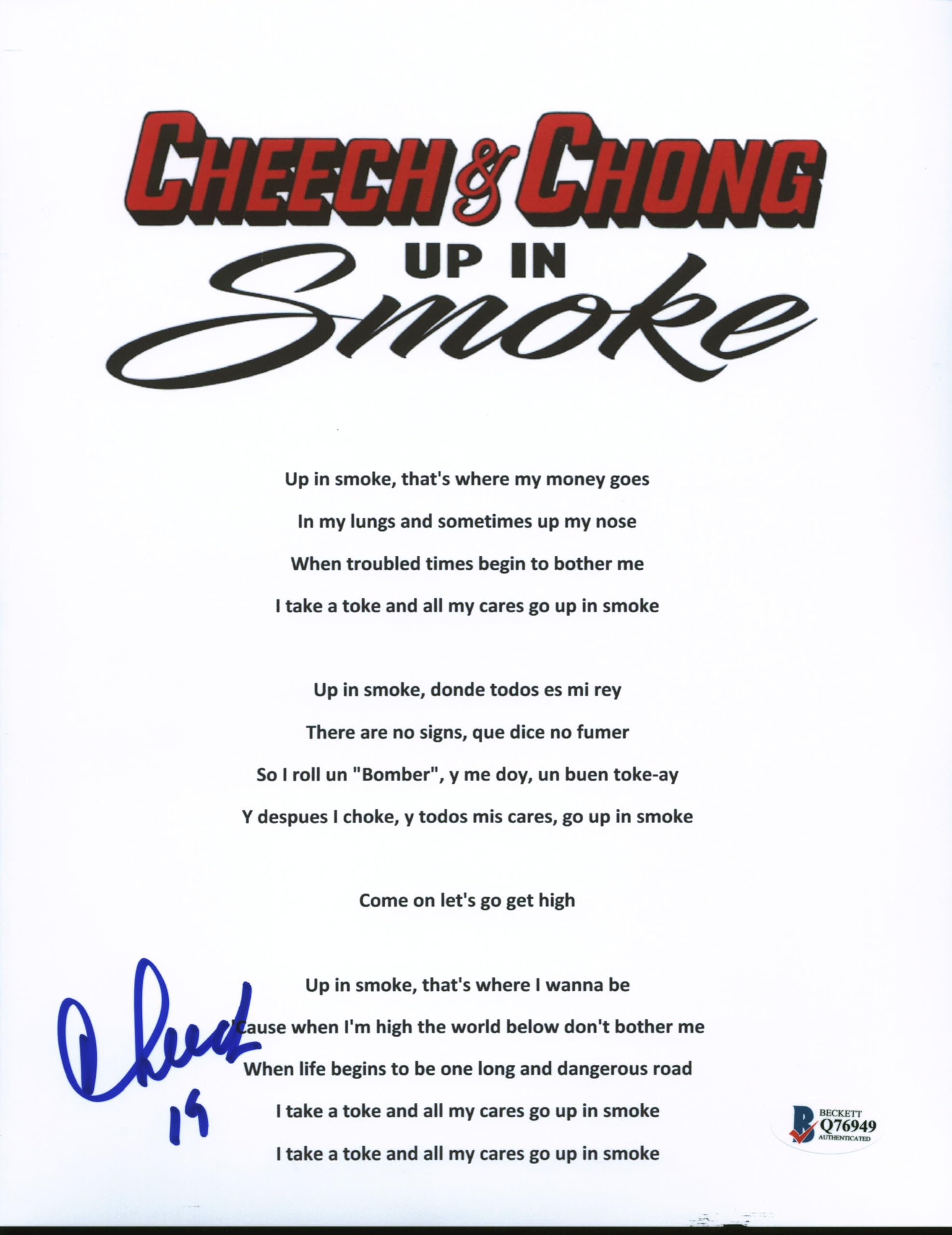 Cheech Marin Up in Smoke Authentic Signed 8.5x11 Music Sheet Photo BAS #Q76949