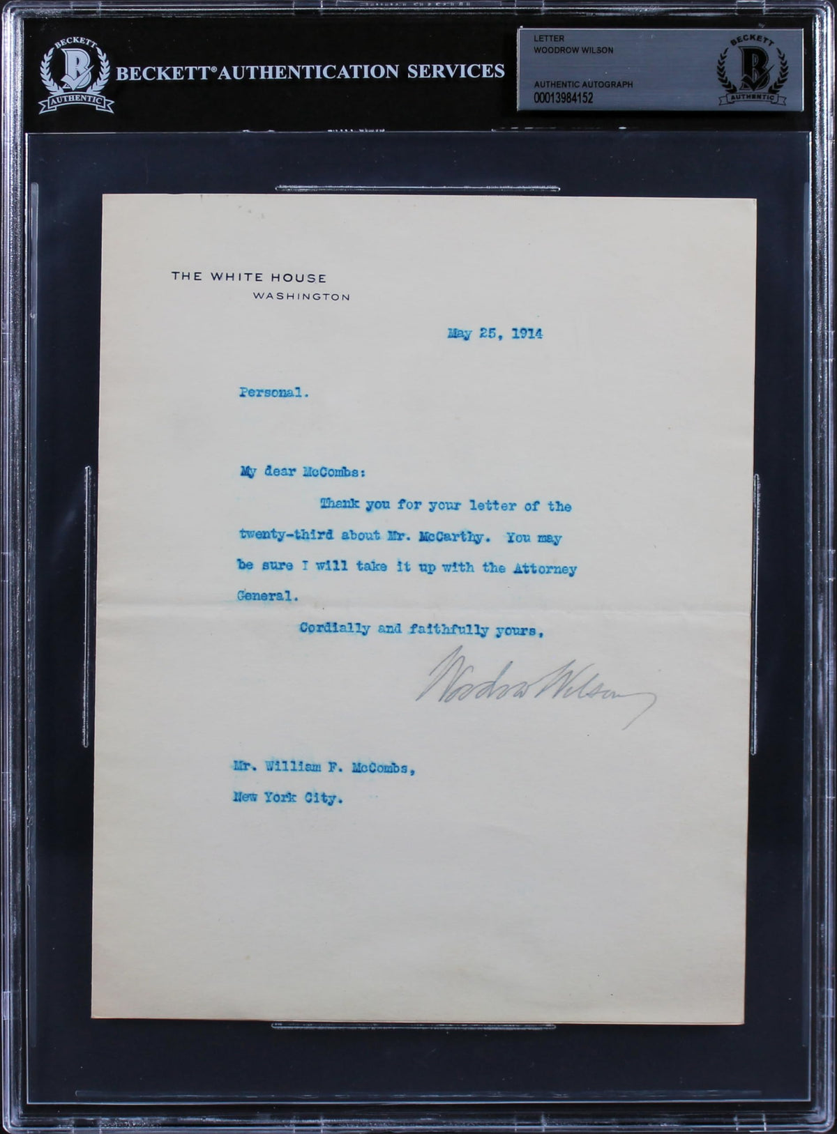 Woodrow Wilson Signed 7x8.75 1914 Letter On White House Letterhead BAS Slab