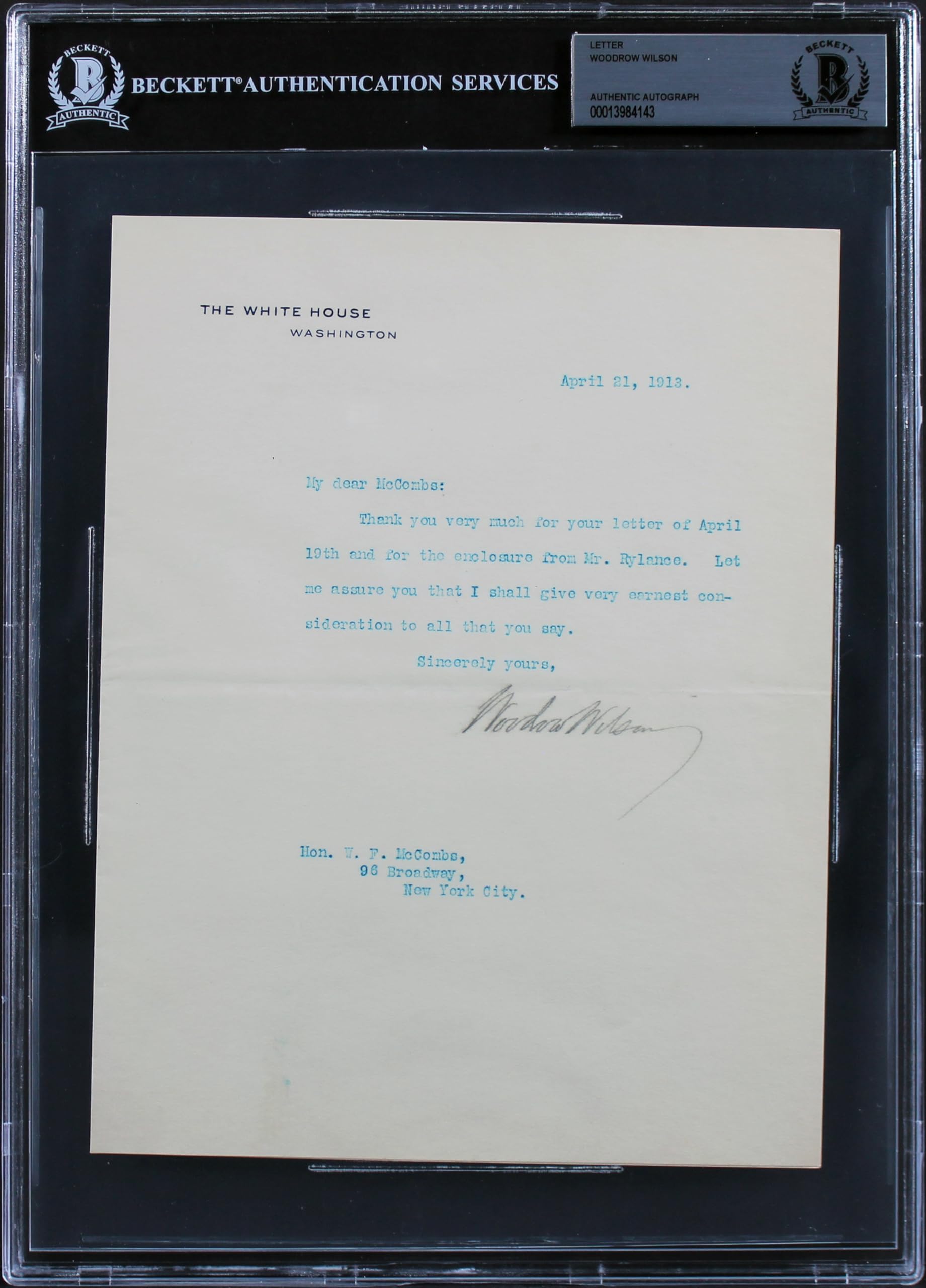 Woodrow Wilson Signed 7x8.75 1913 Letter On White House Letterhead BAS Slab