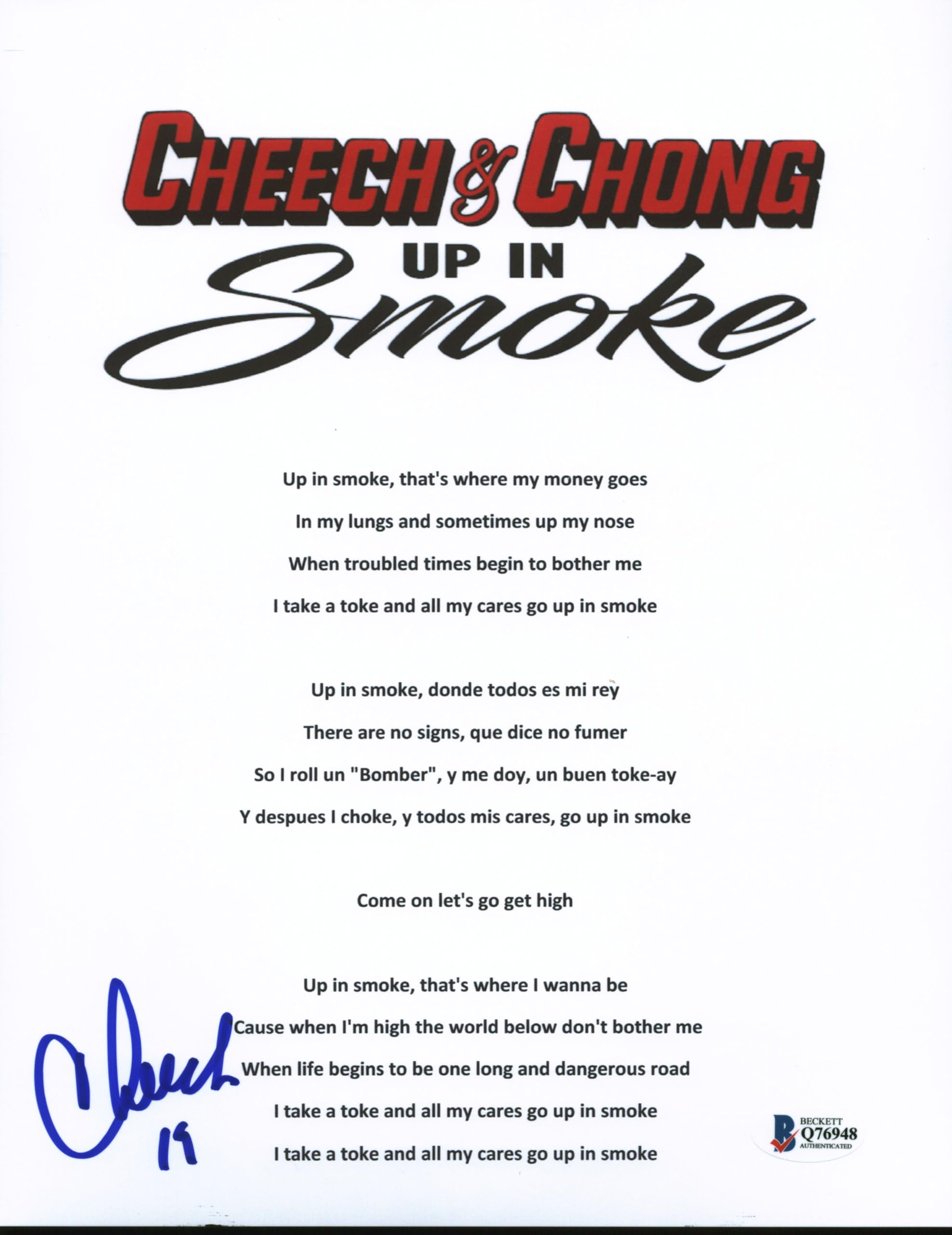 Cheech Marin Up in Smoke Authentic Signed 8.5x11 Music Sheet Photo BAS #Q76948