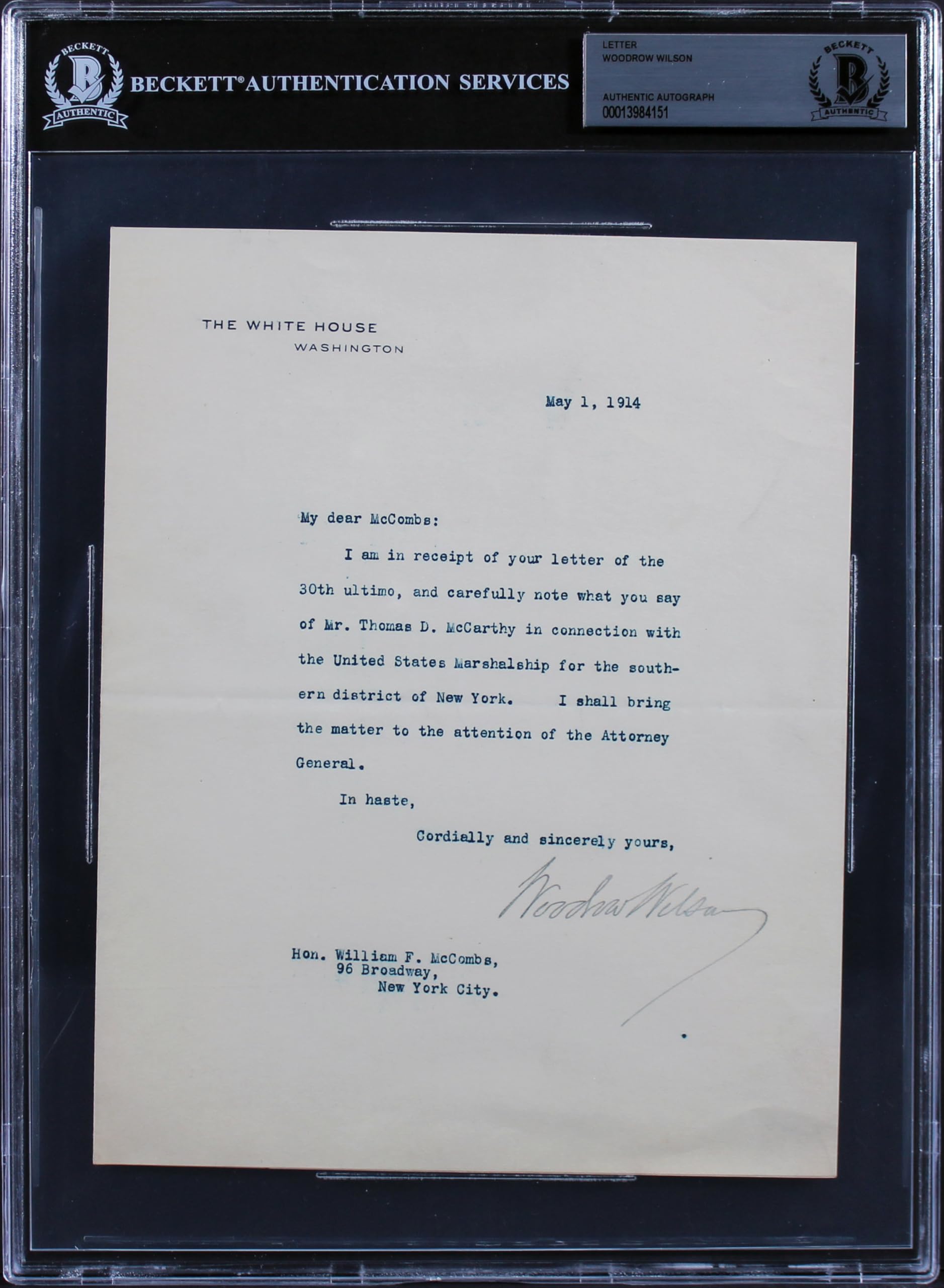 Woodrow Wilson Signed 7x8.75 1914 Letter On White House Letterhead BAS Slab