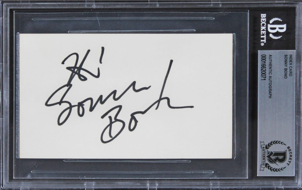 Sonny Bono The Sonny and Cher Show "Hi" Signed 3x5 Index Card BAS Slabbed 1