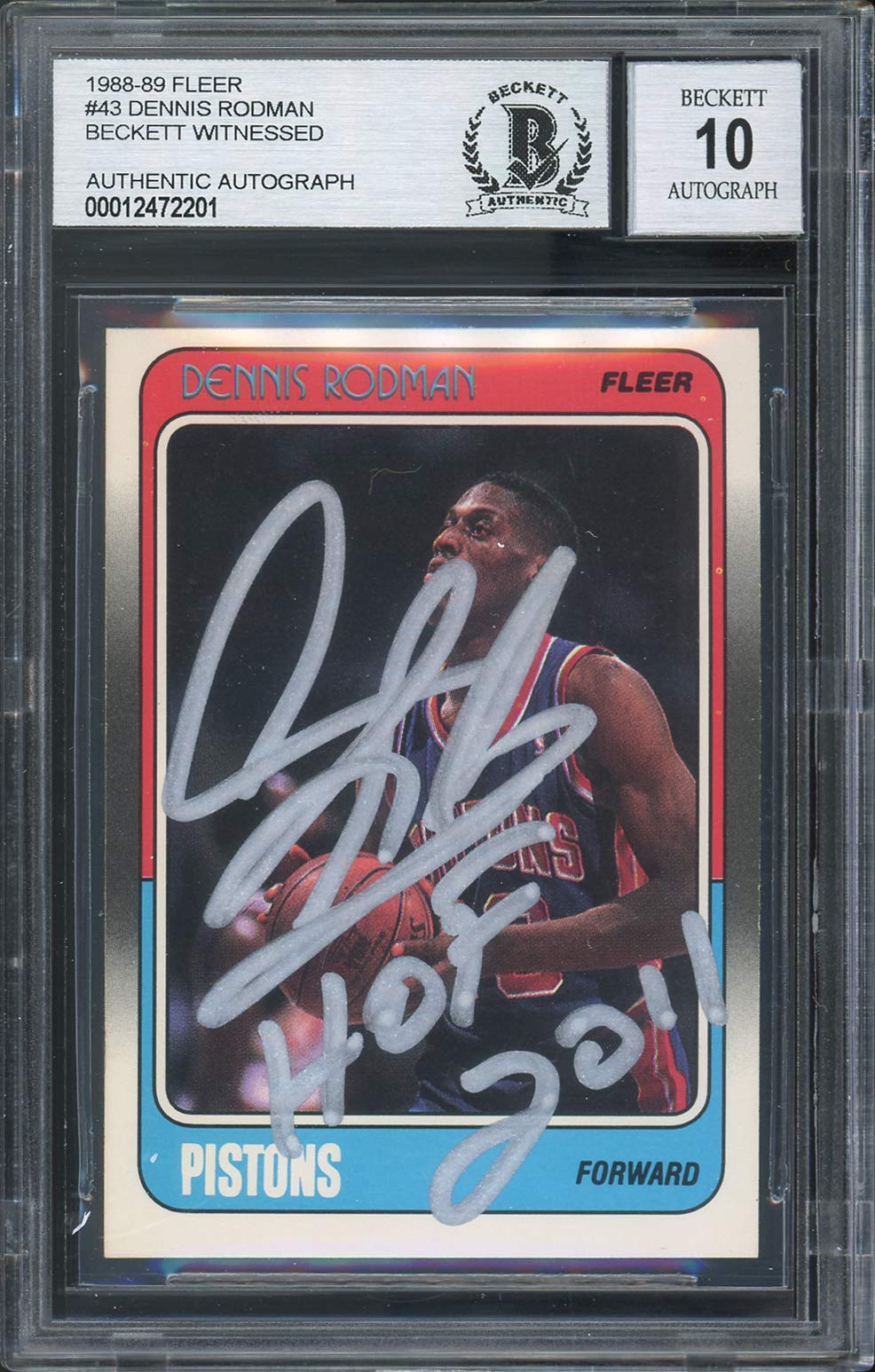 Bulls Dennis Rodman "HOF 2011" Signed 1988 Fleer #43 RC Card Auto 10 BAS Slabbed