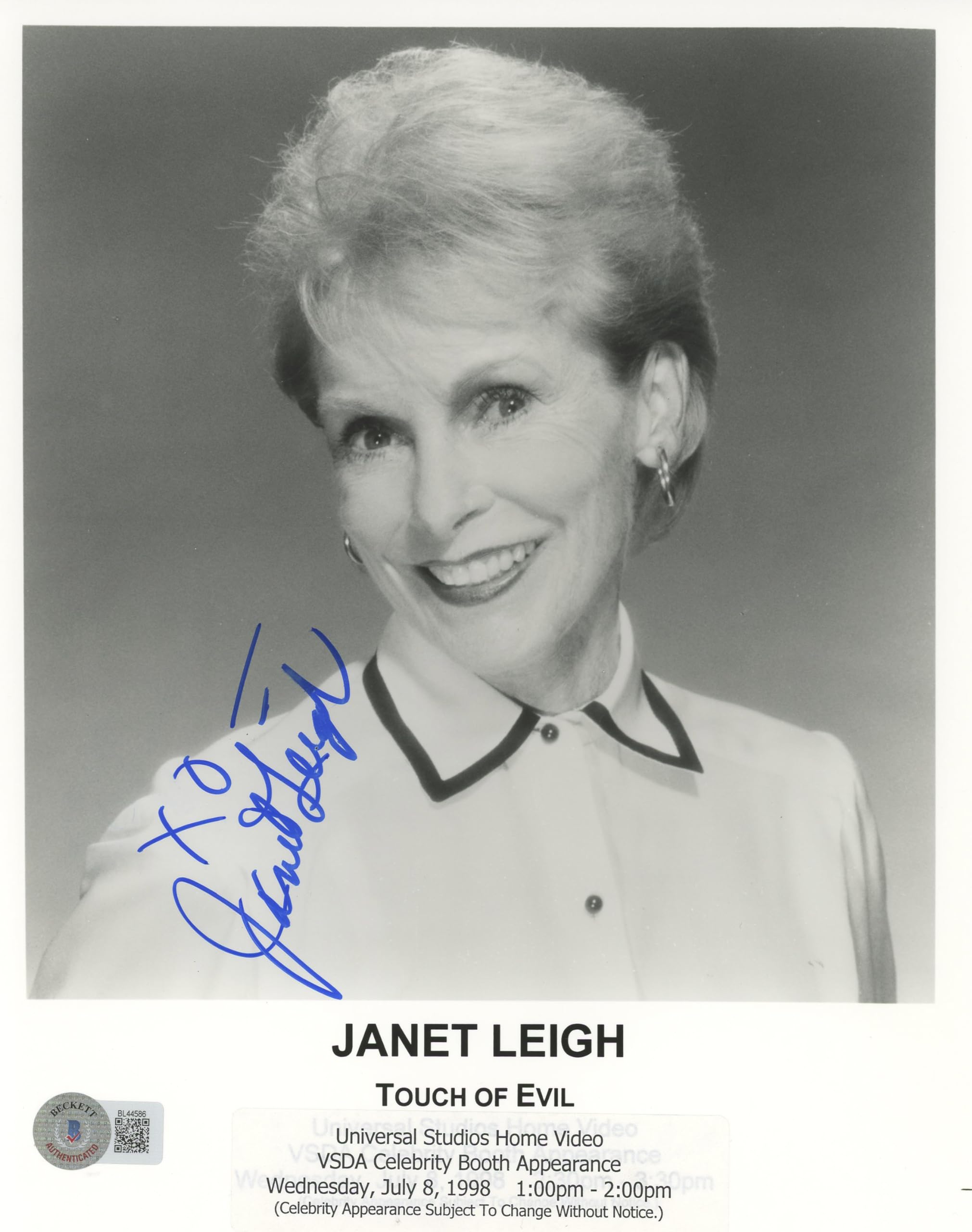 Janet Leigh Touch of Evil "XO" Authentic Signed 8x10 Photo BAS #BL44586