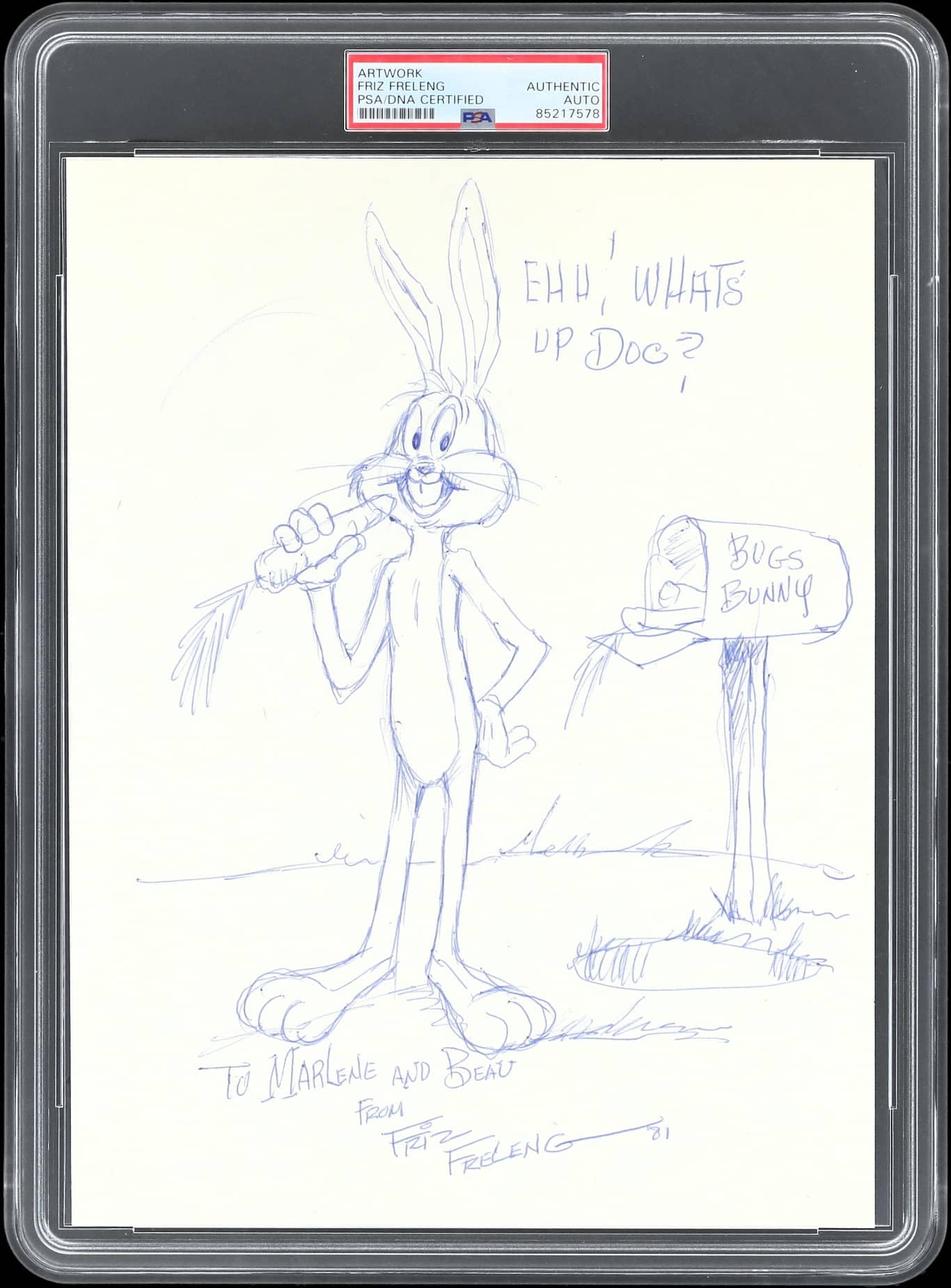 Fritz Freleng "eh, What's up Doc?" Signed 8.5x11 Bugs Bunny Sketch PSA Slabbed