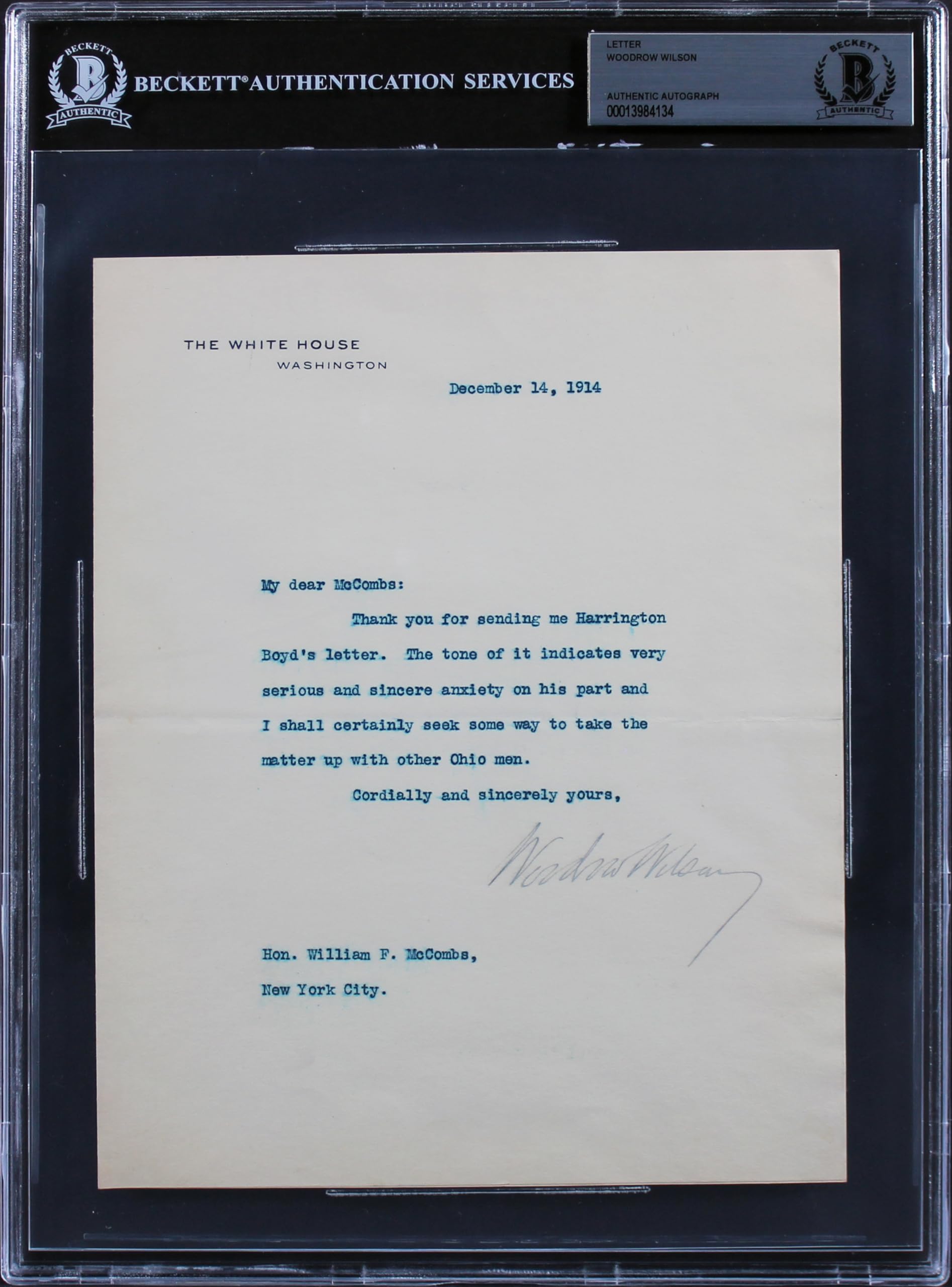 Woodrow Wilson Signed 7x8.75 1914 Letter On White House Letterhead BAS Slab