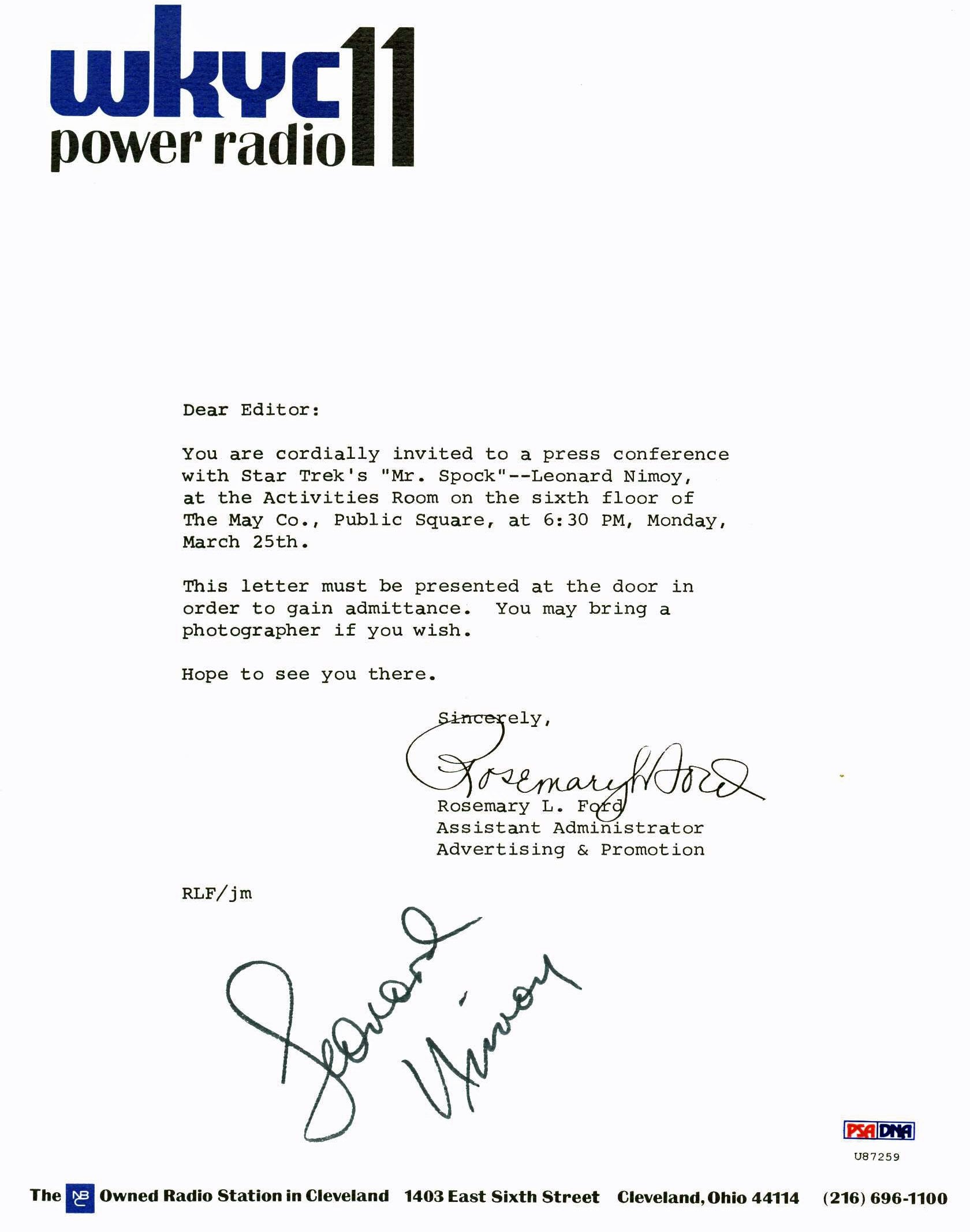 Leonard Nimoy Star Trek Signed 8.5x11 Invitation Letter PSA/DNA #U87259