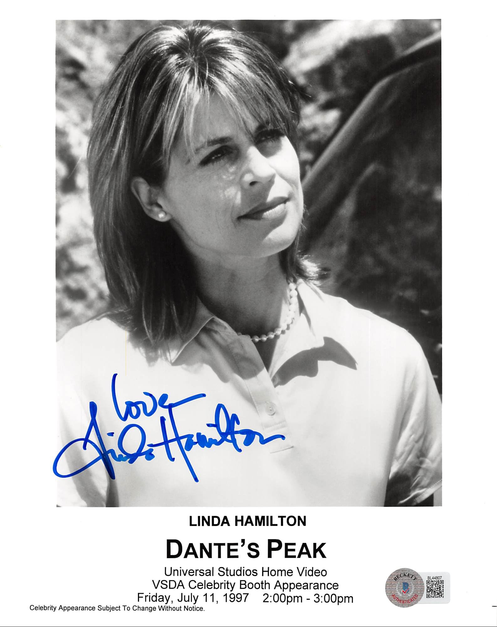 Linda Hamilton Dante's Peak "Love" Authentic Signed 8x10 Photo BAS #BL44807