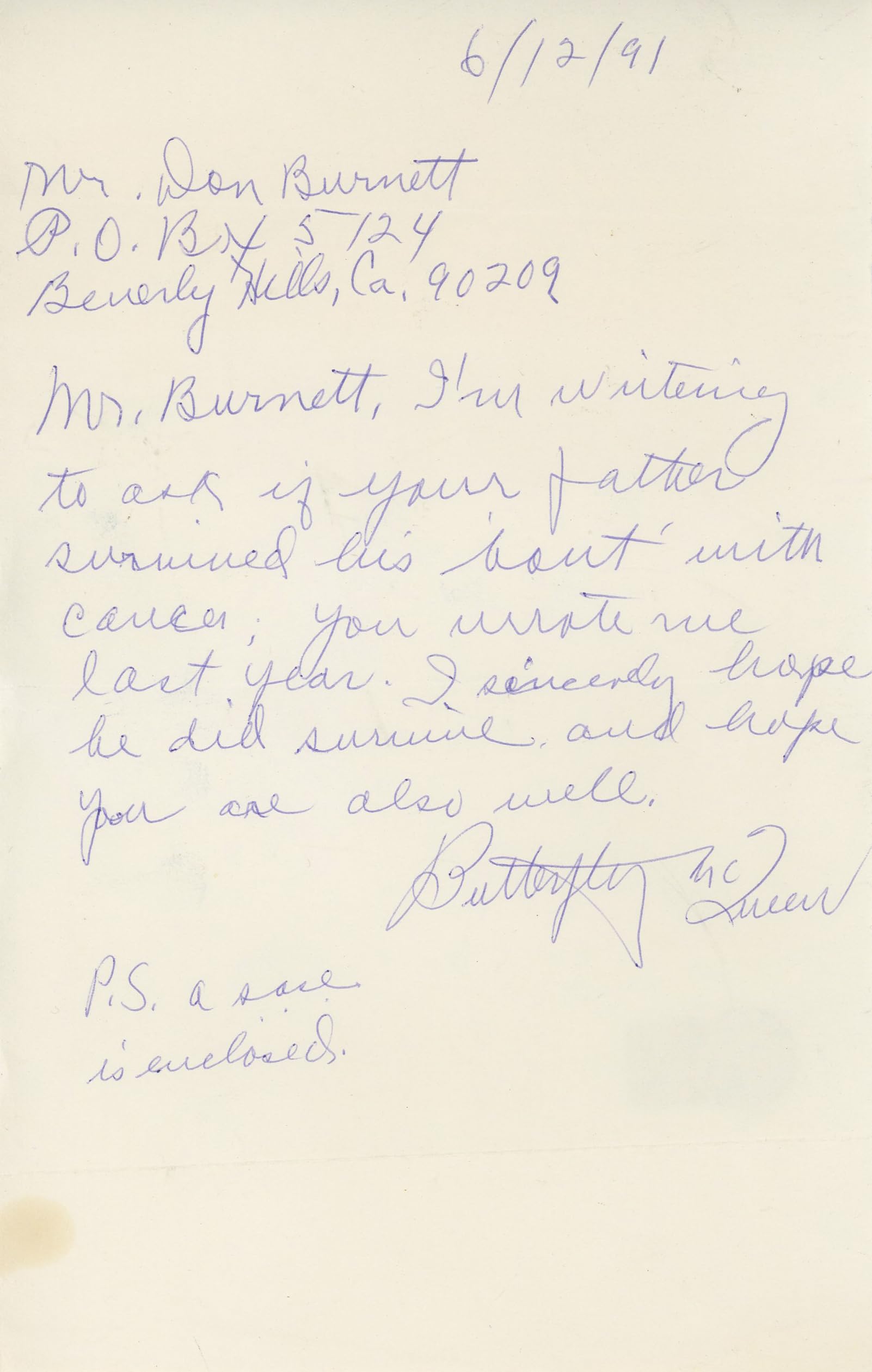 Butterfly McQueen Gone w/ the Wind Signed 5x8.5 Handwritten Letter BAS #BK43372